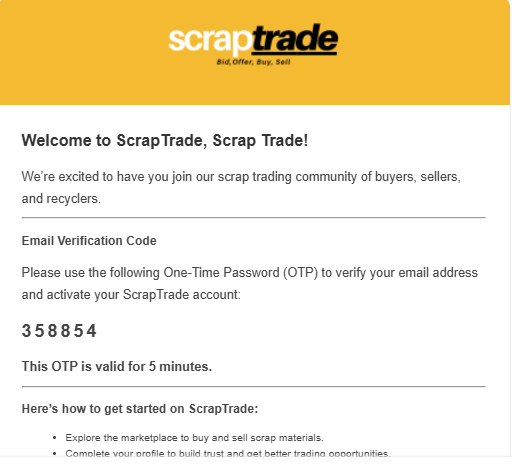 Email OTP Verification OTP email screenshot from scrap trade to buy scrap and sell scrap online