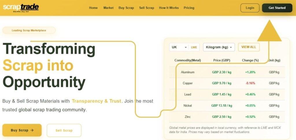 image show highlighted button to click on get started to register on scrap Trade