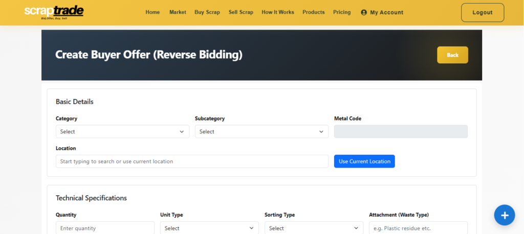 Create offer reverse bid screen on scrap trade 