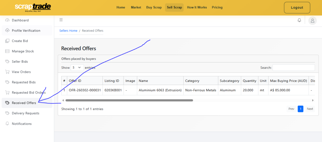 Scrap trade seller screen for accepting reverse bids - Accept Bids from Buyers